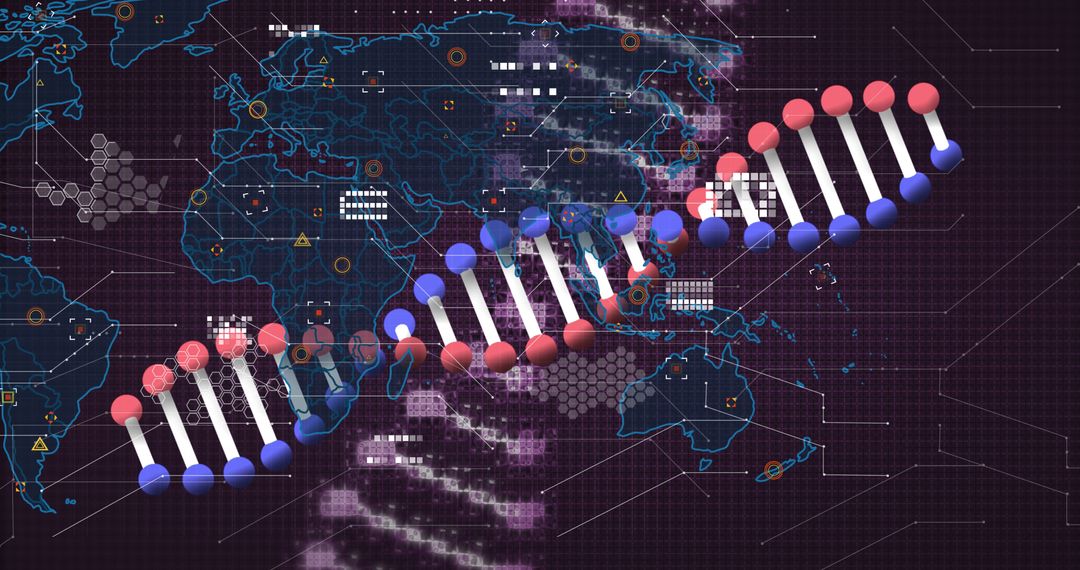 Digital DNA Strand Overlay on World Map Technology Concept