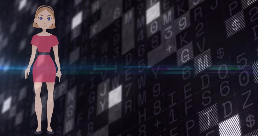 Stylized woman avatar standing in neon cyberspace with code grid and light streak