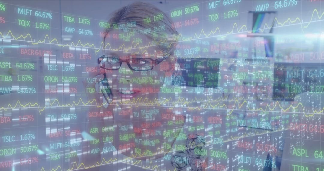 Female Trader Analyzing Financial Markets with Data Overlay