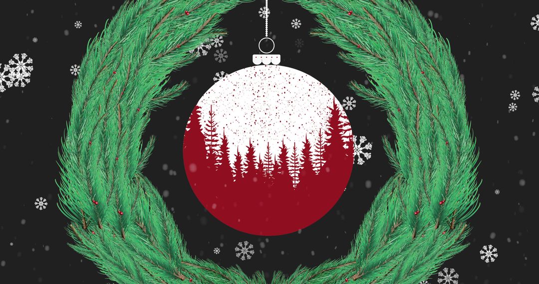 Festive Wreath and Ornament with Falling Snowflakes