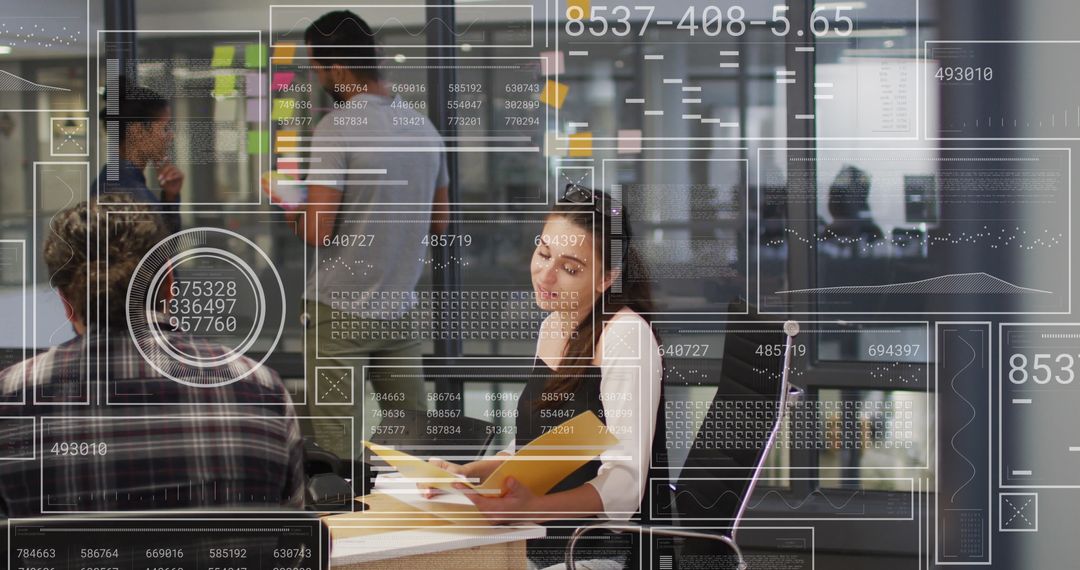 Colleagues Analyzing Data with Virtual Interface at Modern Office