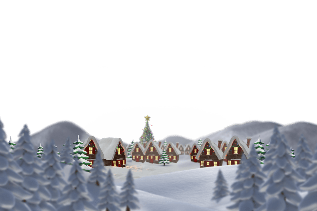 Snowy Village Landscape with Christmas Tree on Transparent Background