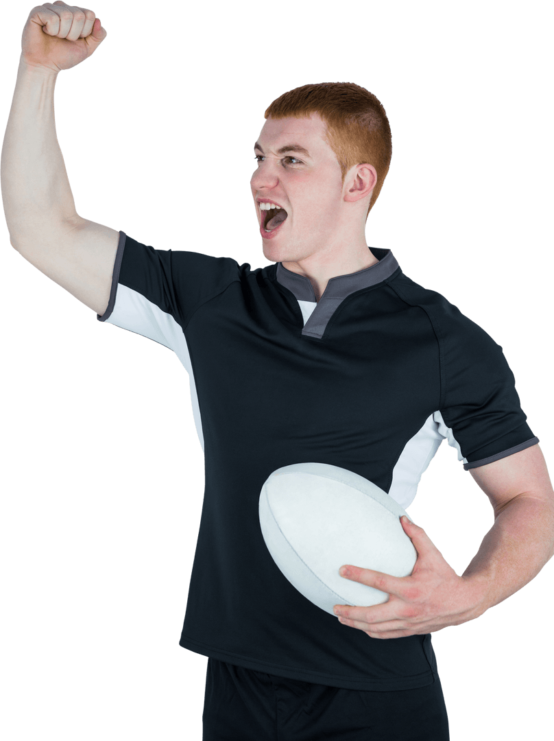 Energetic Rugby Player Celebrating Triumph on Transparent Background