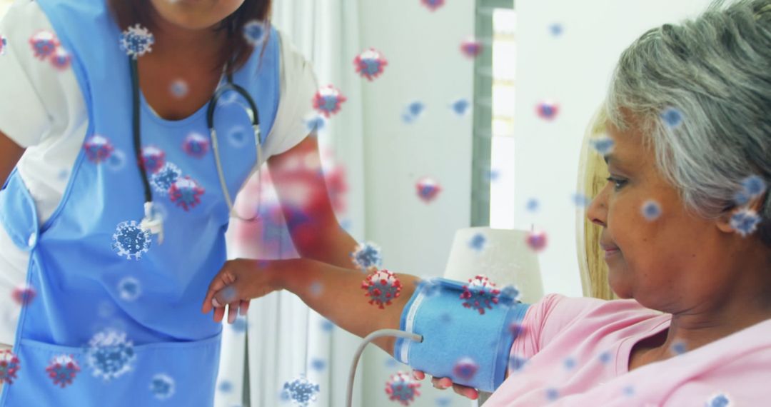 Viruses Floating as Healthcare Worker Measures Patient's Blood Pressure