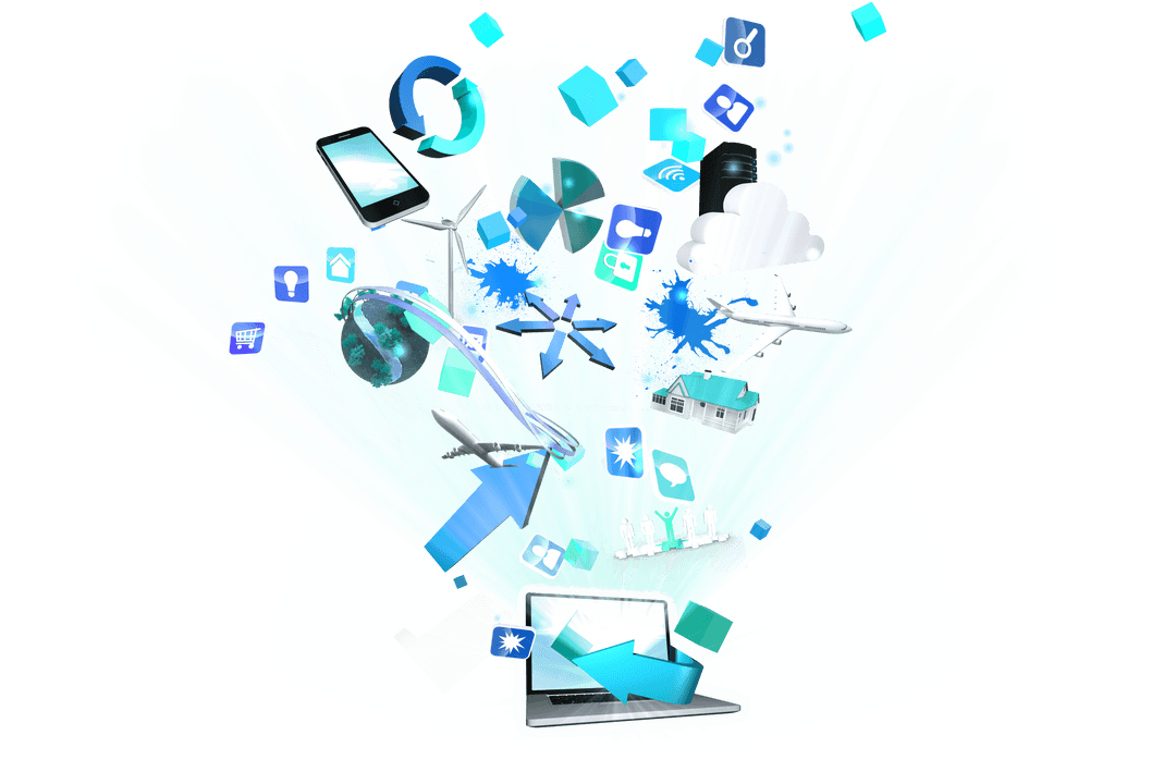 Digital Communication Icons Expanding from Laptop on Transparent Background