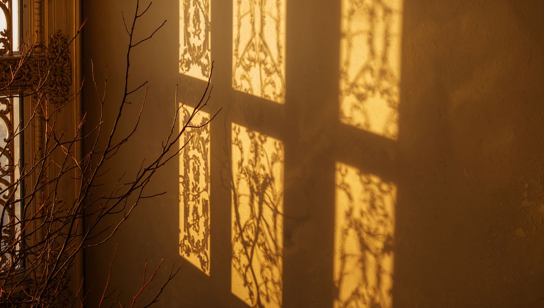 Sunlight casting ornate window filigree shadows across plaster wall with bare twigs