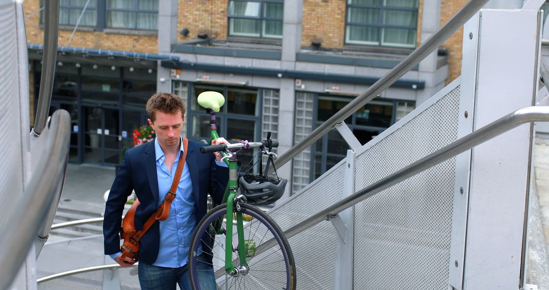 Businessman Carrying Bicycle Up Stairs in Modern Urban Environment - Free Images, Stock Photos and Pictures on Pikwizard.com