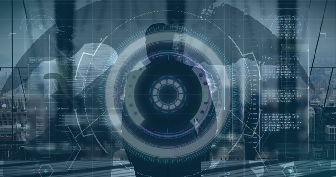 Futuristic Digital Interface Display Overlooking Business Cityscape