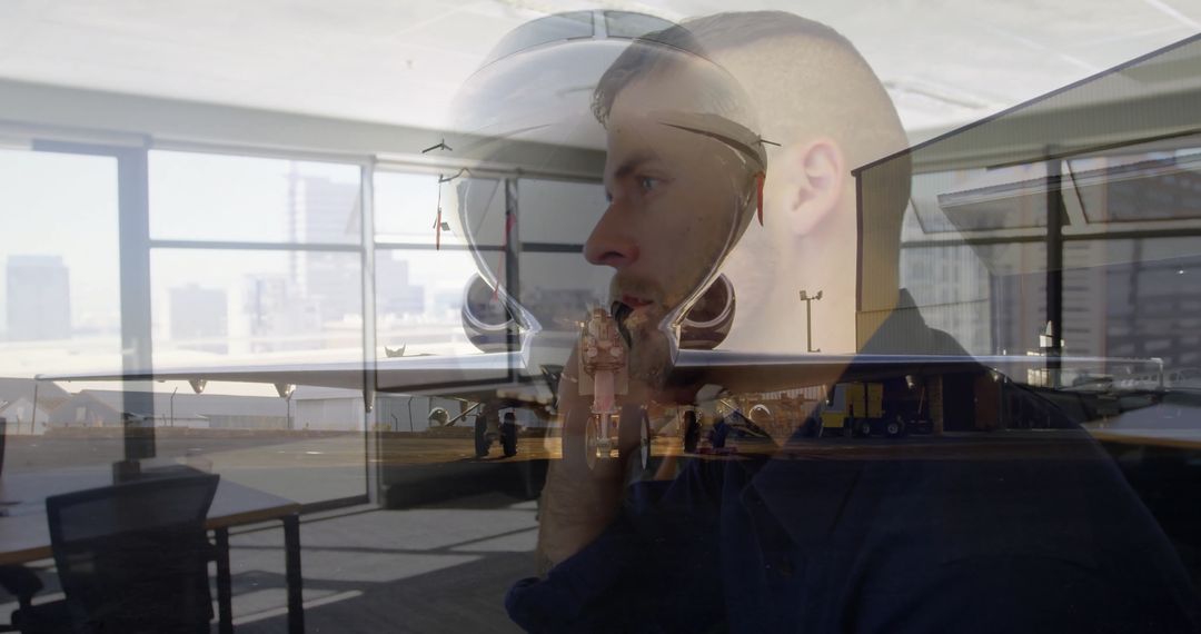 Business traveler communicating in airport lounge with airplane reflection