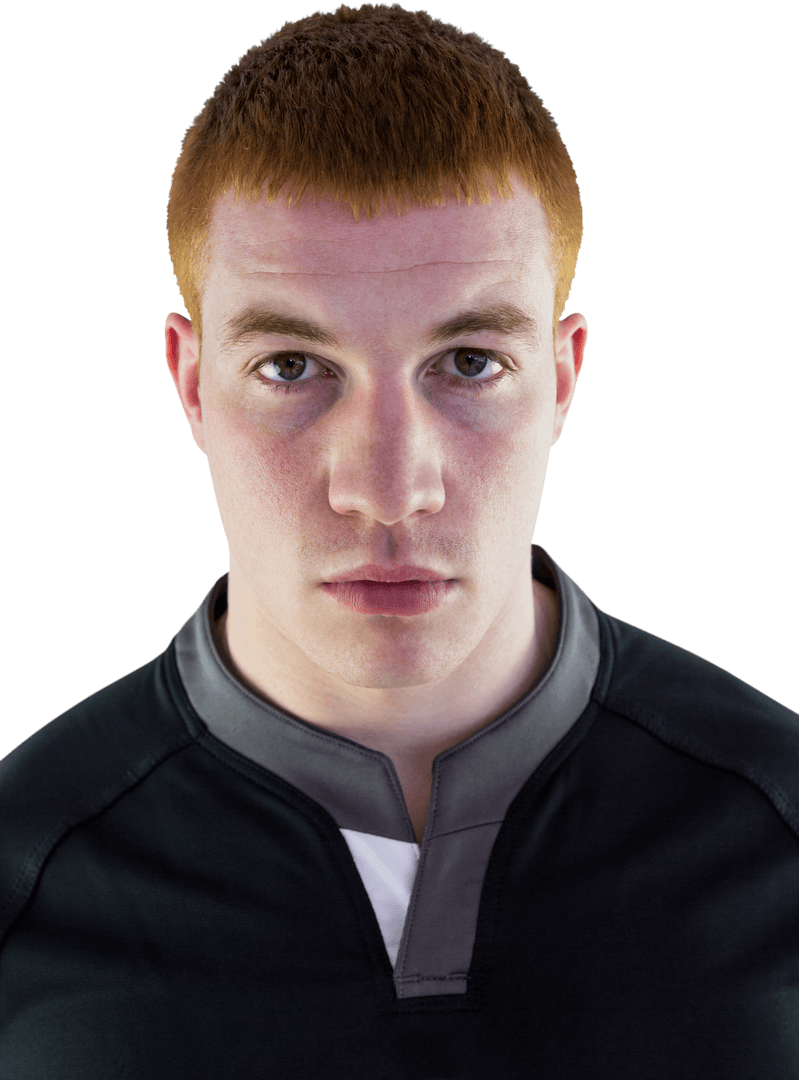 Transparent Portrait of Focused Rugby Player with Red Hair in Uniform