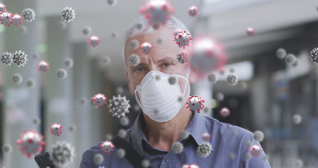 Senior Man with Face Mask and Virus Cells Digital Overlay - Free Images, Stock Photos and Pictures on Pikwizard.com