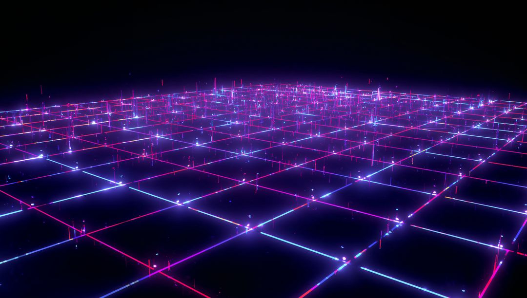 Neon grid stretching toward horizon with glowing sparks and cyberpunk lattice beams