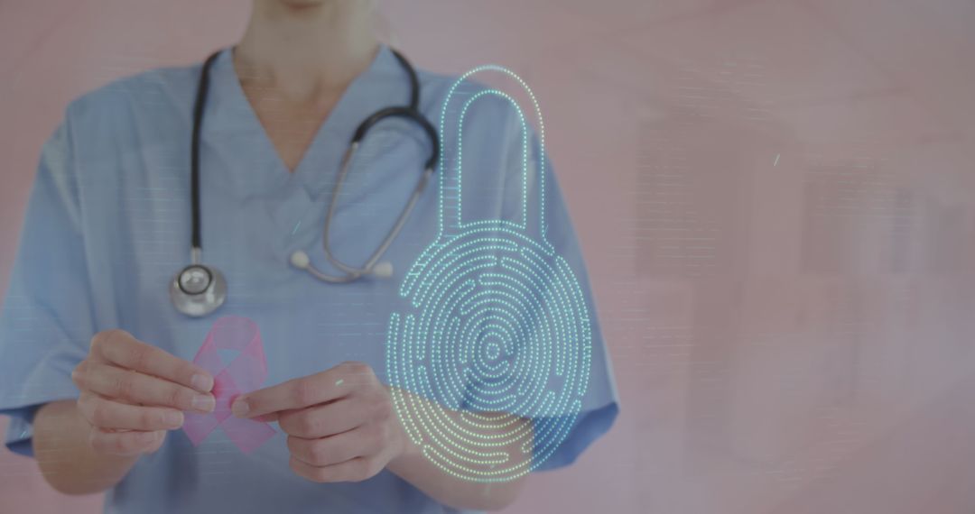 Healthcare Professional with Pink Ribbon and Digital Security Overlay