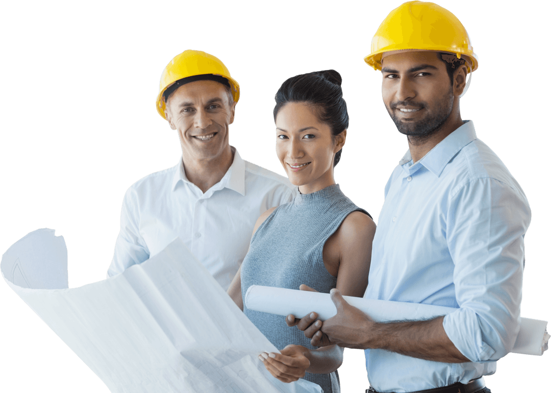 Confident Team of Architects Reviewing Blueprints on Transparent Background