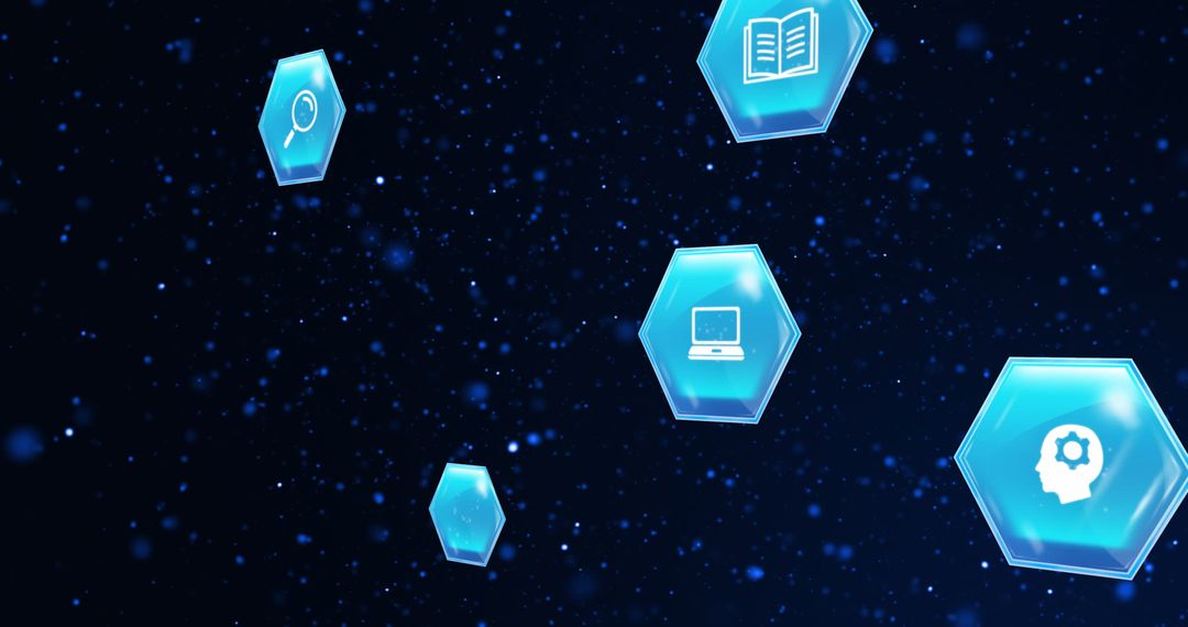 Digital Learning Icons on Blue Hexagonal Interface