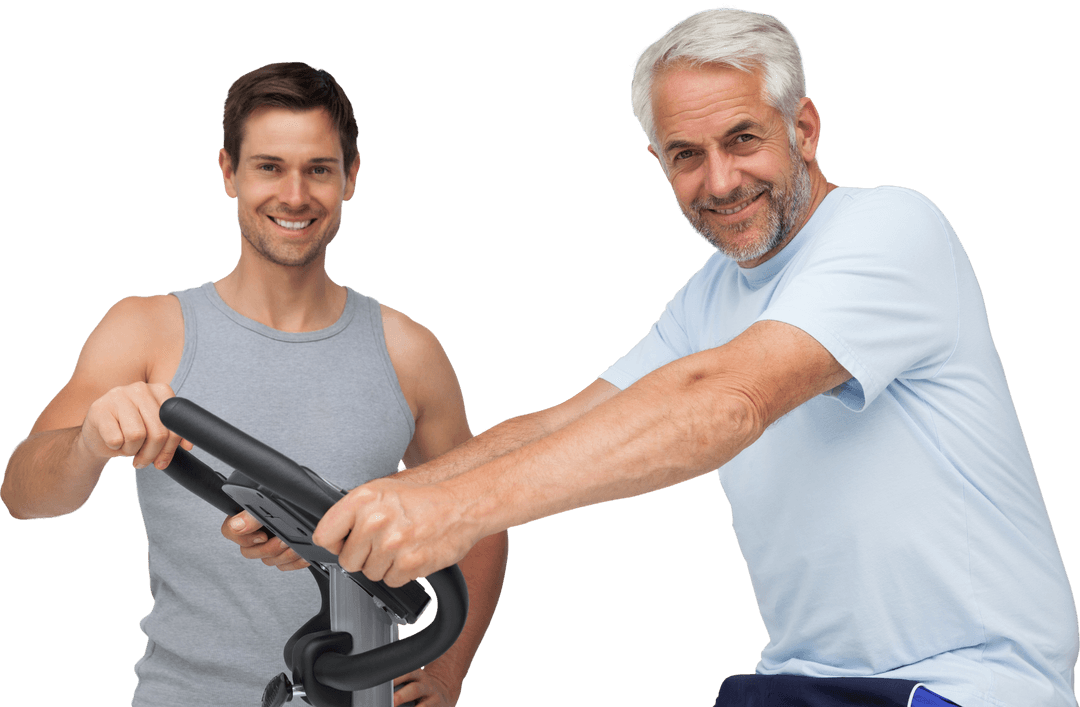 Happy Mature Man on Stationary Bike with Instructor, Transparent Background