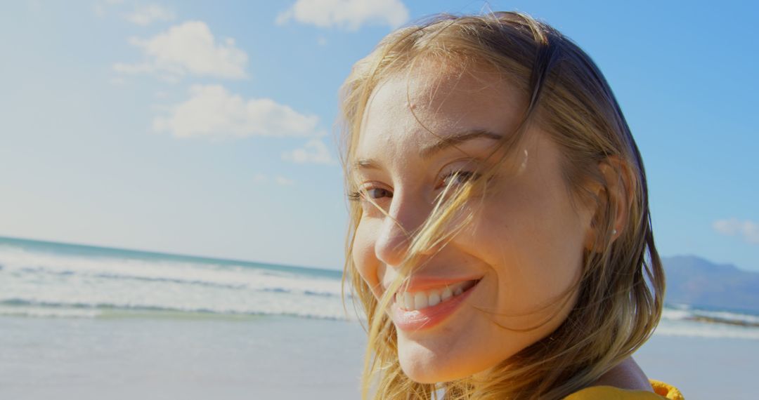 Close-Up Blonde Woman Smiling on Beach - Free Images, Stock Photos and Pictures on Pikwizard.com