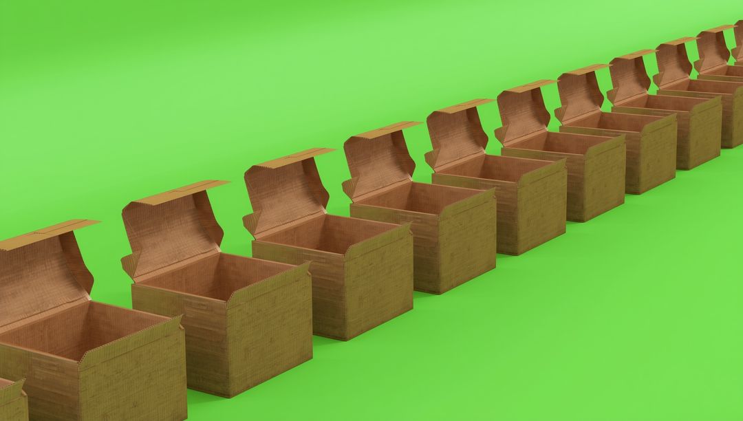 Row of Open Cardboard Boxes on Vibrant Green Background
