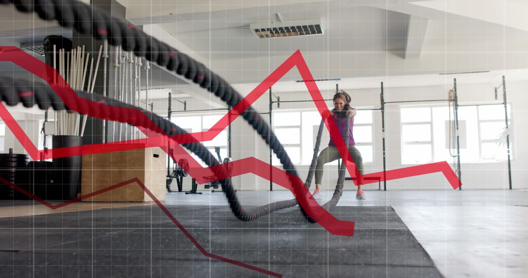 Woman Exercising with Battle Ropes and Graph Overlay in Gym