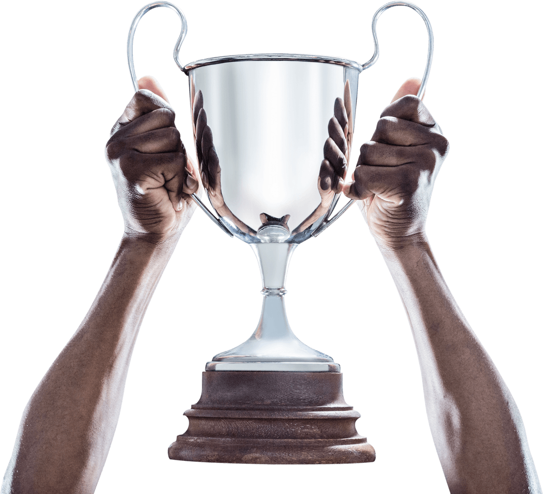Transparent Hands of African American Man Holding Silver Trophy
