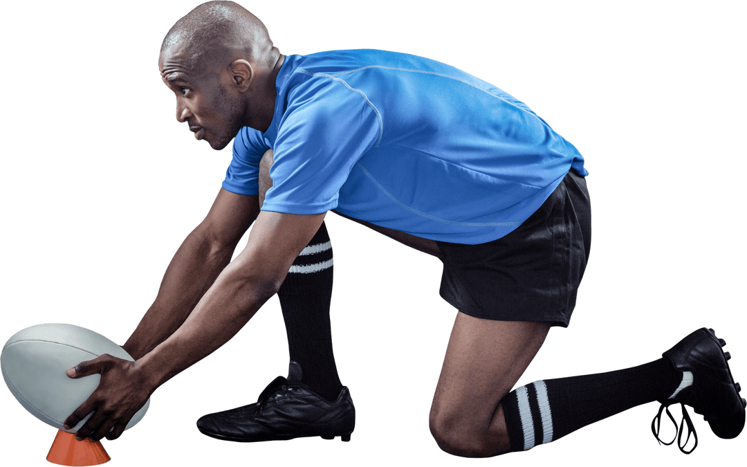 Rugby Player in Blue Jersey Preparing Transparent for Kick