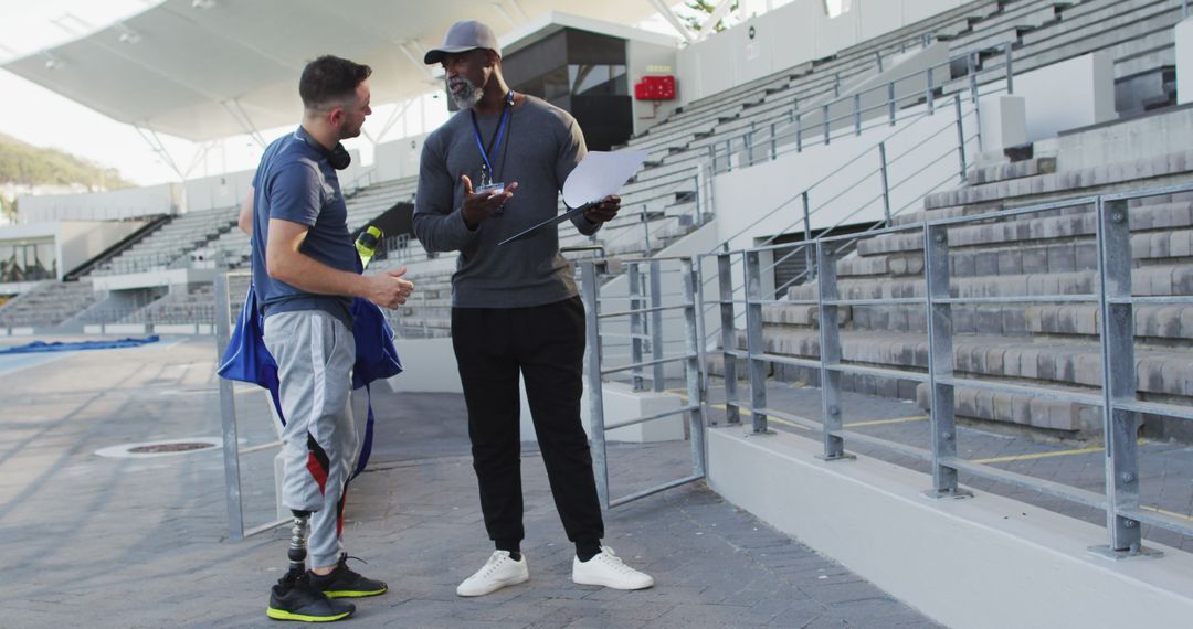 Diverse male coach and disabled athlete with prosthetic leg talking during training session - Free Images, Stock Photos and Pictures on Pikwizard.com