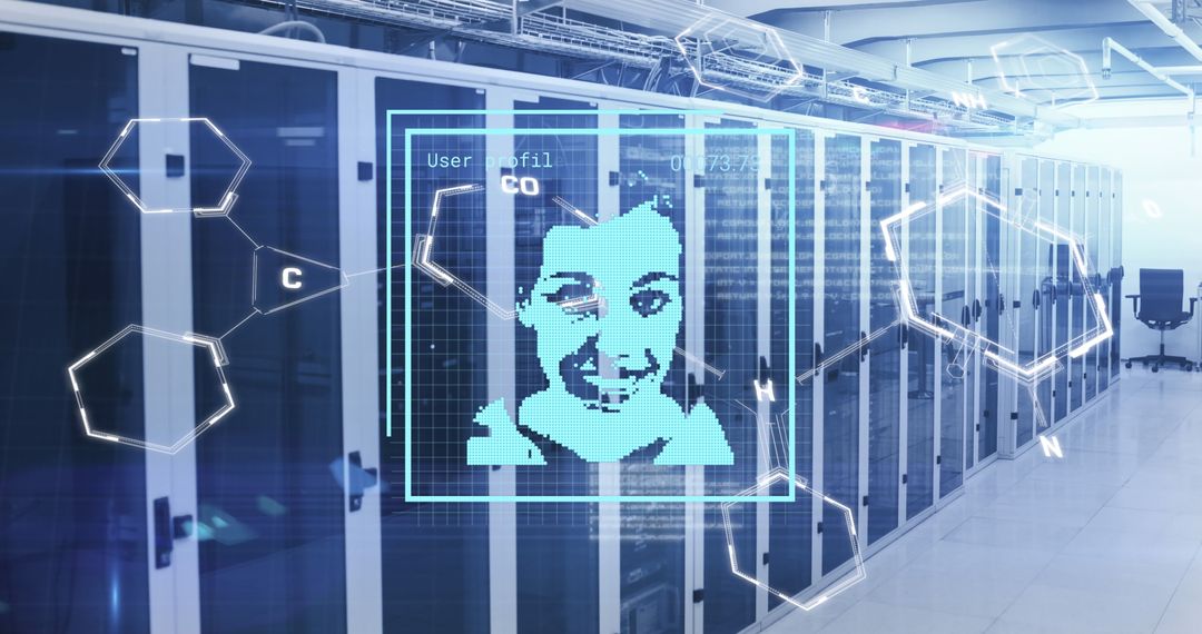Futuristic Data Center with Digital Profile Interface and Molecular Overlay