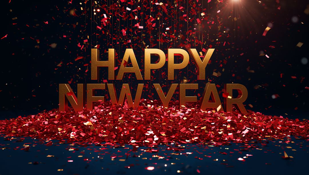 Gold HAPPY NEW YEAR letters with falling red confetti on reflective stage for celebration