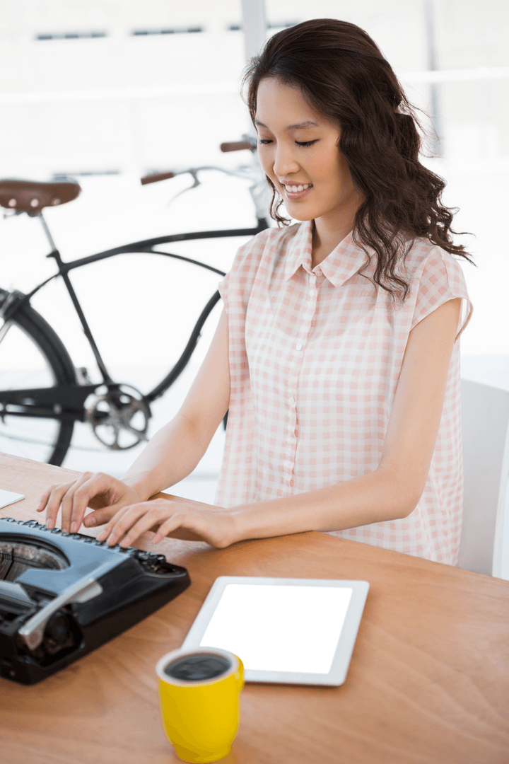 Transparent Joyful Woman Typing on Typewriter with Digital Tablet