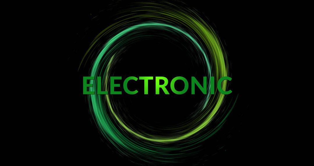 Glowing Green Electronic Text with Light Swirl on Black