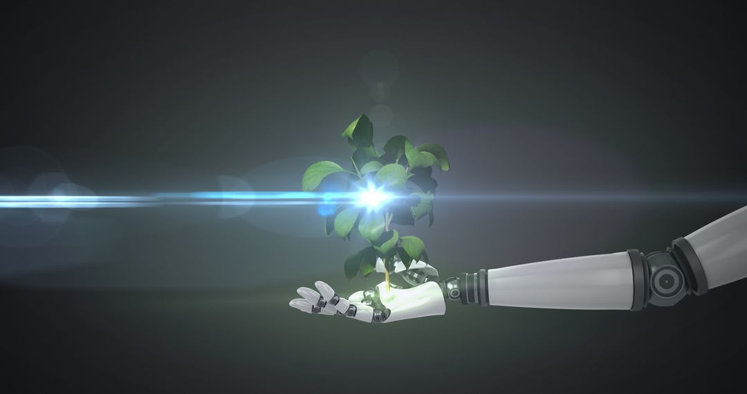 Robotic Hand Nurturing Plant with Light Beam on Dark Background