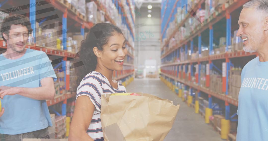 Diverse Volunteers Working in Warehouse with Donations and Productivity Analytics Overlay