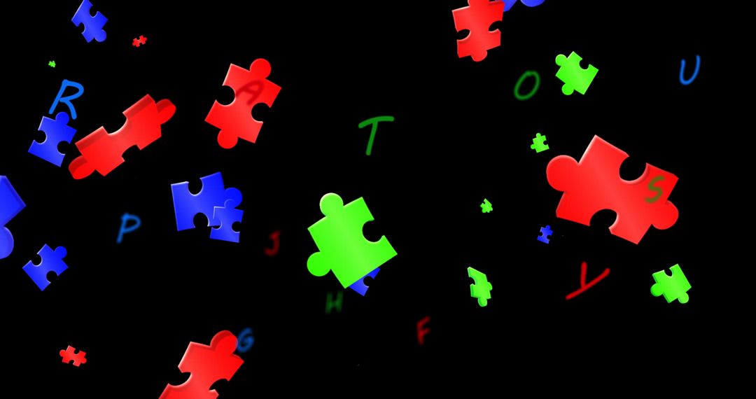 Floating Multicolored Puzzle Pieces on Black Background