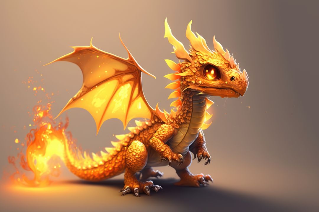 Image of cute orange dragon with burning tail on purple background, using generative ai technology - Free Images, Stock Photos and Pictures on Pikwizard.com