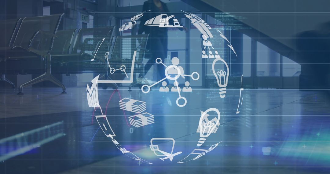 Digital Innovation Icons over Modern Airport Walking Area