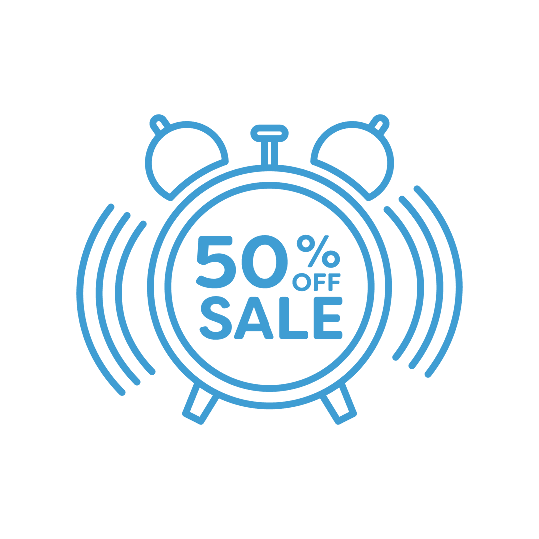 Transparent Clock Graphic with 50 Percent Off Sale Text