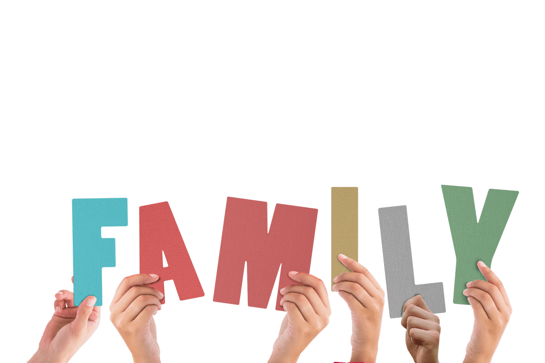 Hands Holding Colorful Transparent Letters Spelling Family