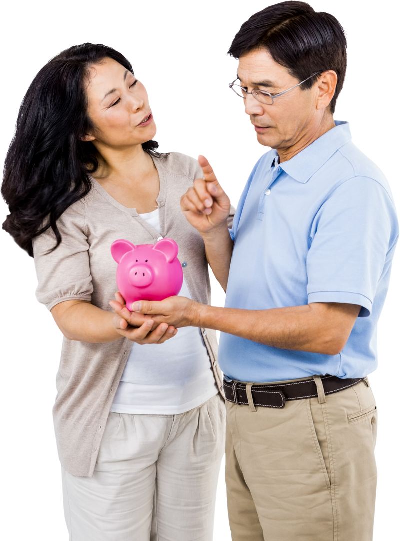 Happy Middle-Aged Couple Holding Pink Piggy Bank Transparent Background - Download Free Stock Images Pikwizard.com