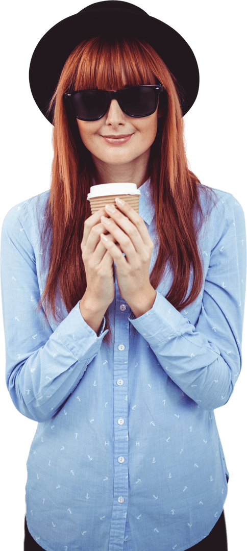 Trendy Hipster Woman with Coffee in Transparent Layout