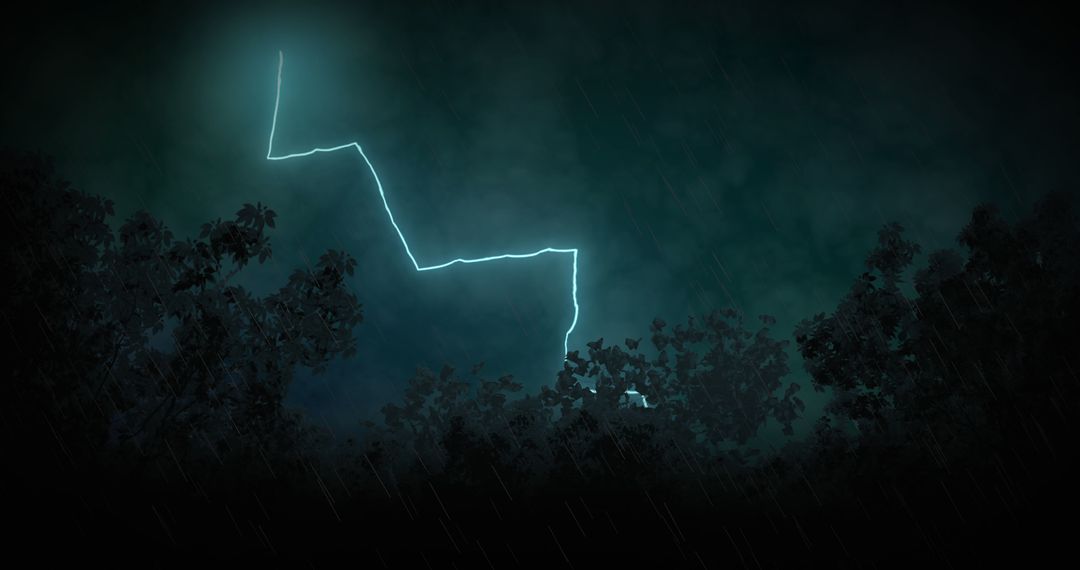 Lightning Strike Over Dark Forest and Stormy Sky