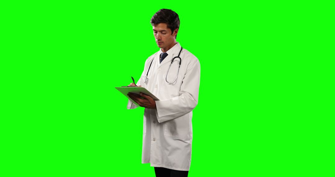 Male Doctor Writing on Clipboard with Green Screen Background - Free Images, Stock Photos and Pictures on Pikwizard.com