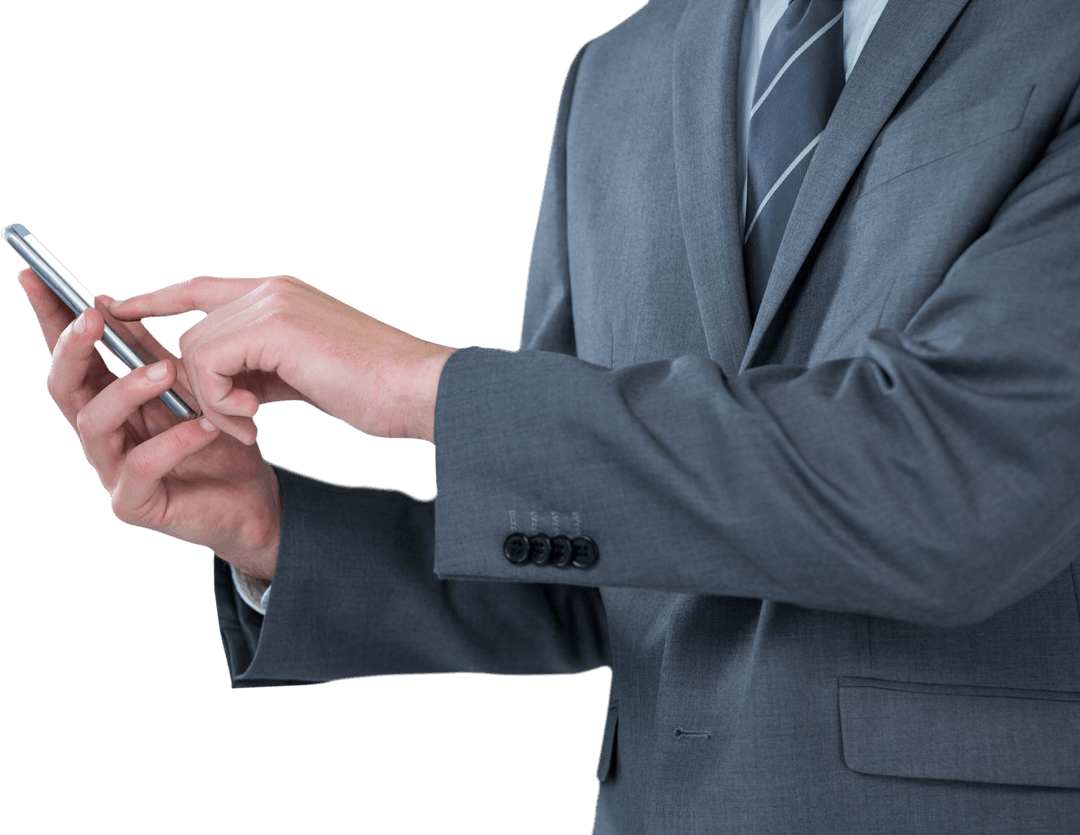Midsection of Businessman Using Smartphone on Transparent Background