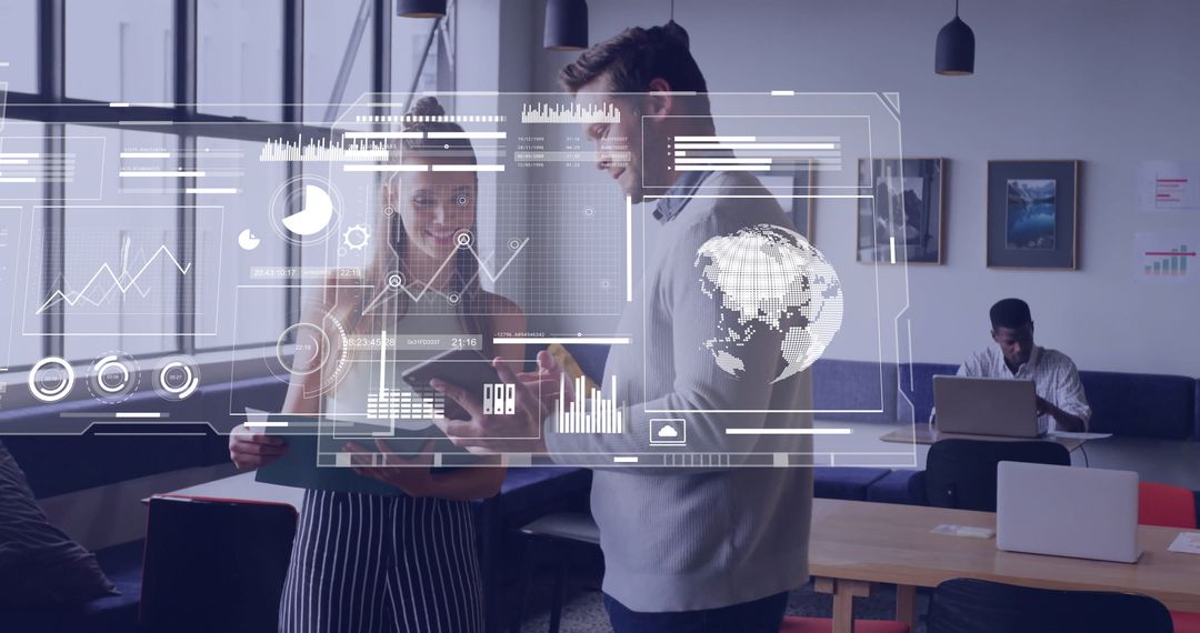 Innovative Collaboration: Coworkers with Data Overlays in Modern Office