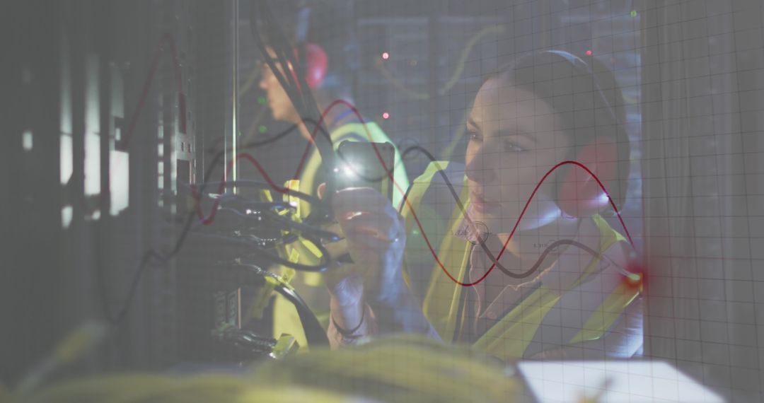 Female IT Engineer Inspecting Server Room with Headphones