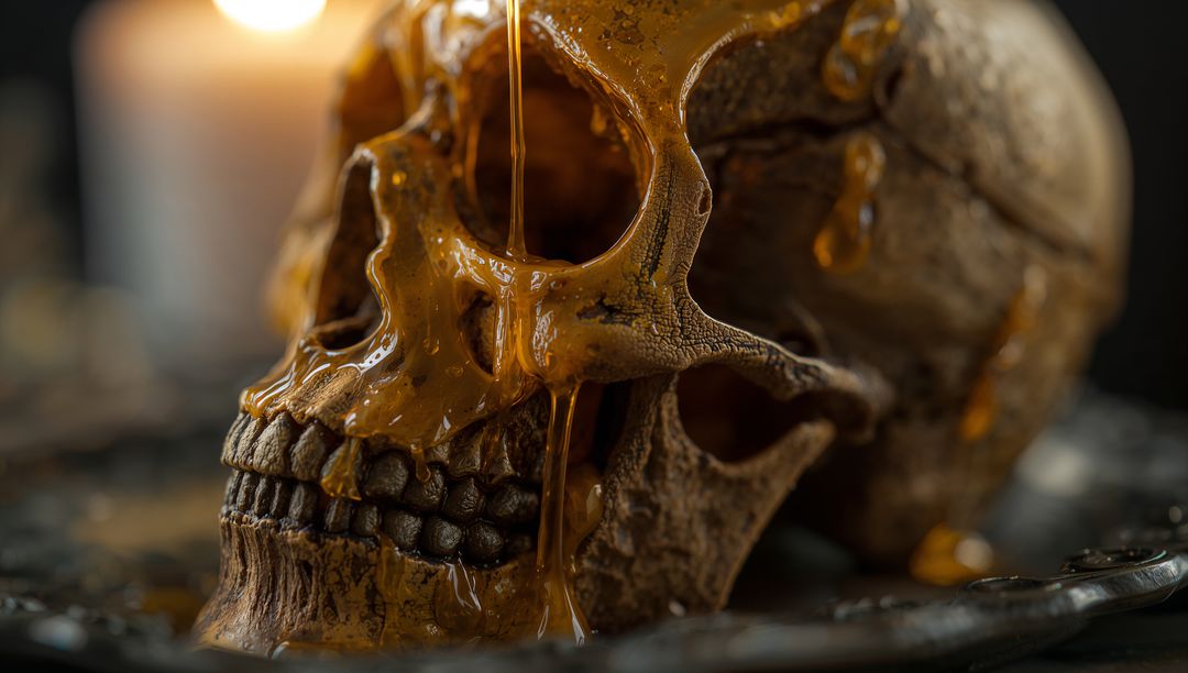 Amber Liquid Dripping Over Skull with Lit Candle in Dark Gothic Scene