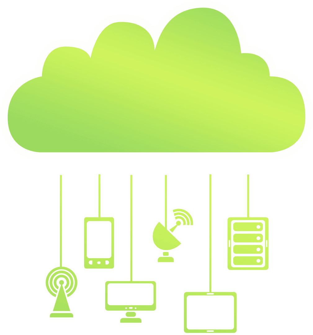 Digital Green Cloud with Hanging Internet Devices on Transparent Background