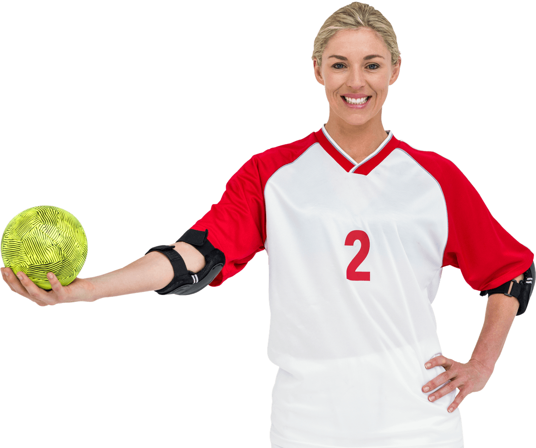 Smiling Sportswoman Holding Ball on Transparent Background