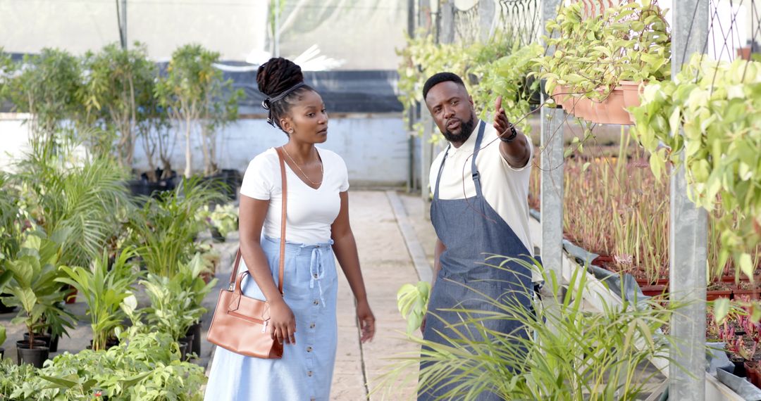 Nursery Worker Assists Customer in Plant Selection at Greenhouse
