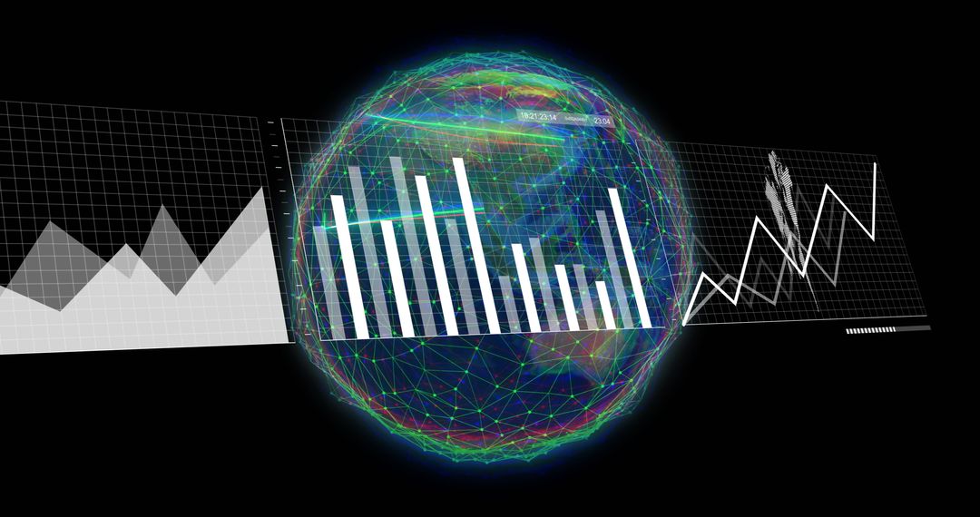 Global AI Data Processing with Futuristic Charts on Black Background