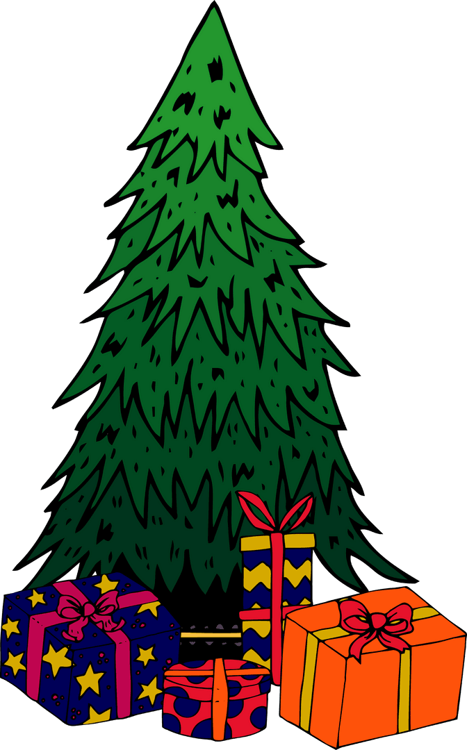 Festive Christmas Tree with Wrapped Presents on Transparent Background